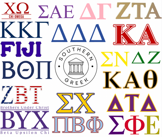 Here’s the alt text for an image of various GrCollection of different Greek life symbols, including fraternity and sorority logos, such as the torch, anchor, dove, and lion, representing leadership, strength, peace, and sisterhood/brotherhood.
