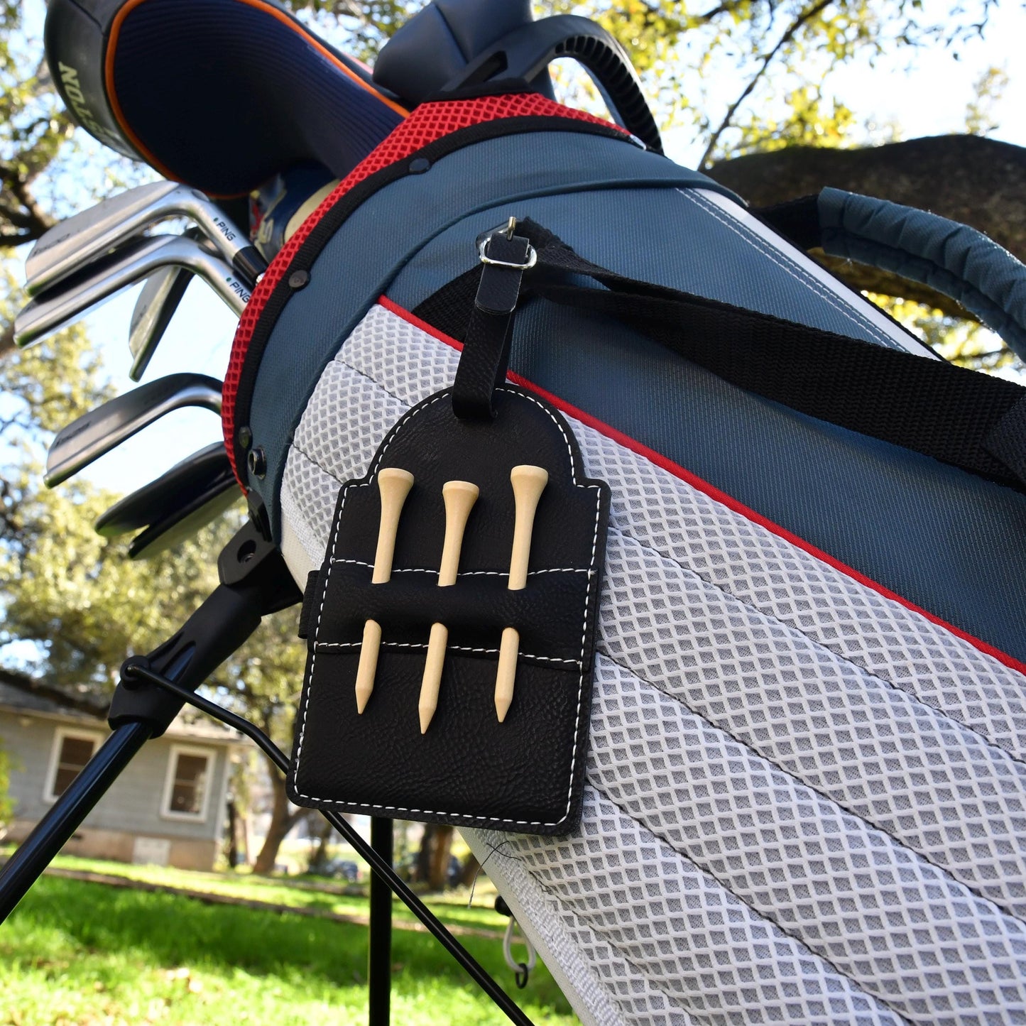 a close up of a golf bag on a golf course