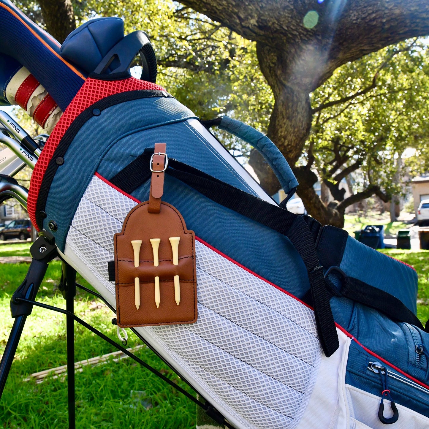 a golf bag sitting on top of a green field