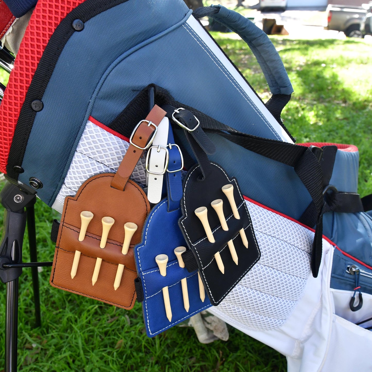 a golf bag with a golf club holder attached to it
