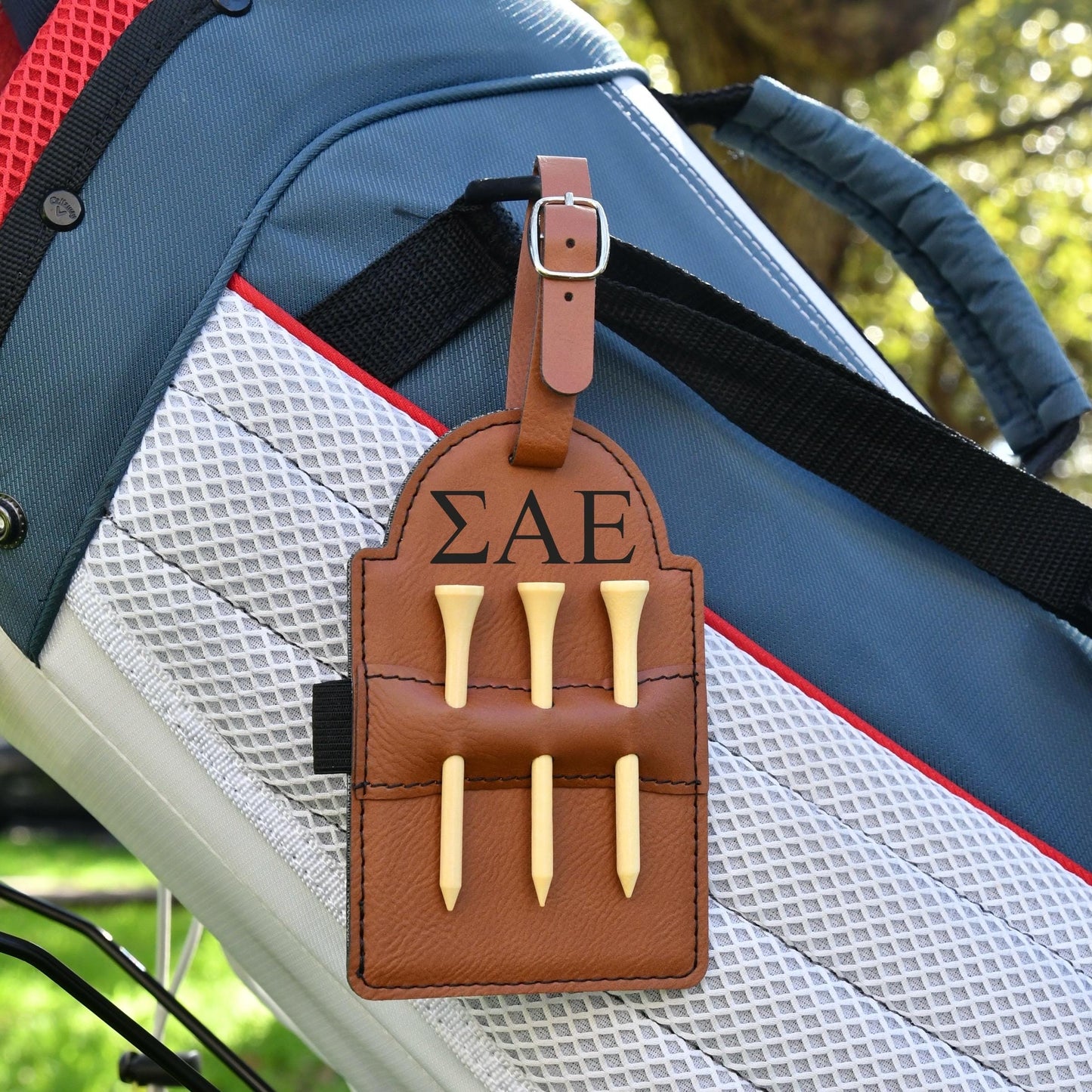 Sigma Alpha Epsilon Leather Golf Tee Holder | ΣΑΕ Fraternity Golf Accessory | Custom Greek Gear + 3 Free Golf Tees Included