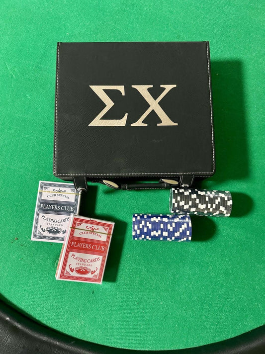 Custom Sigma Chi Leather Poker Set| Greek Life Poker Set| Fraternity Gift|College Gift| Cards, Chips, Dice| Officially Licensed Accessories