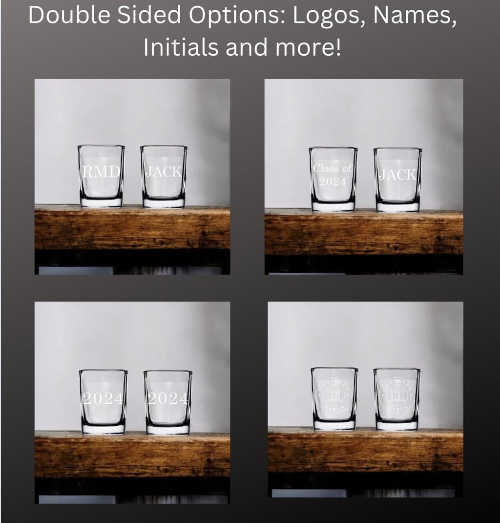 Premium Phi Gamma Delta (FIJI) 2 oz shot glass featuring laser-engraved Greek letters, perfect for fraternity events, personalized gifts, and commemorative moments.