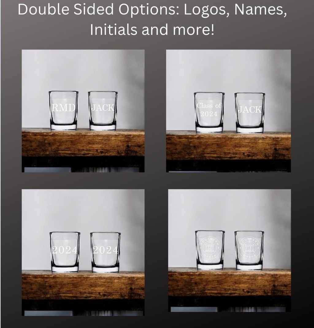 Premium Sigma Nu 2 oz shot glass featuring laser-engraved Greek letters, perfect for fraternity events, personalized gifts, and commemorative moments.