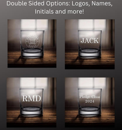 Phi Gamma Delta (FIJI) whiskey glass with crisp, permanent engraving of the fraternity&#39;s Greek letters. Ideal for fraternity members and alumni, perfect for enjoying whiskey at chapter events or as a thoughtful Big/Little gift.