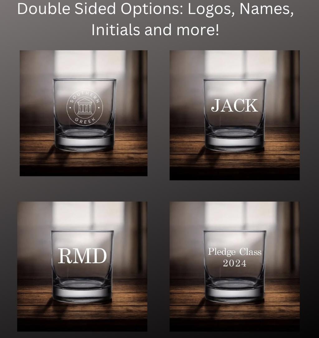 Laser-engraved Kappa Sigma (K Sig) whiskey glass, showcasing the fraternity’s Greek letters. Perfect for enjoying whiskey, bourbon, or scotch, and an excellent gift for fraternity brothers, alumni, and special events.