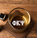 Custom Phi Kappa Psi (Phi Psi) whiskey glass featuring engraved Greek letters, perfect for fraternity events, Big/Little reveals, alumni gatherings, and other Greek life occasions. High-quality glass designed for long-lasting use.