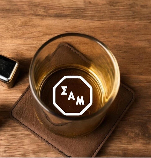 Custom Sigma Alpha Mu (Sammy) whiskey glass with engraved Greek letters, perfect for fraternity events, Big/Little reveals, alumni gatherings, and Greek life celebrations. A premium, lasting gift.