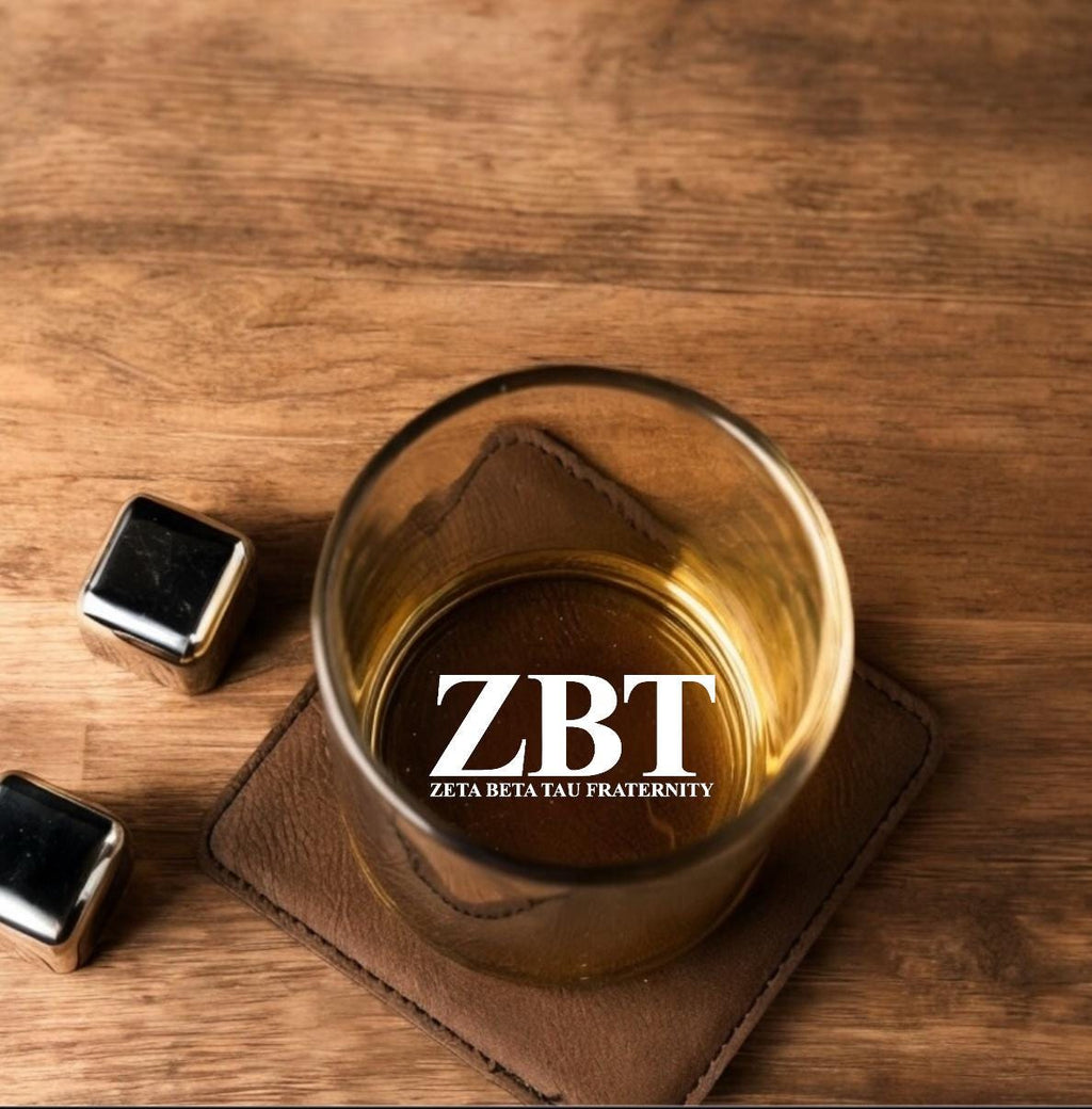 Laser-engraved Zeta Beta Tau (ZBT) whiskey glass, featuring the fraternity’s Greek letters. Perfect for whiskey, bourbon, or scotch, and an ideal gift for fraternity brothers, alumni, and special events.