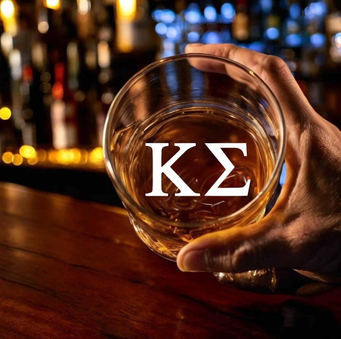 Kappa Sigma (K Sig) whiskey glass with custom engraving of Greek letters, perfect for fraternity members, Big/Little gifts, and alumni events. Show your K Sig pride with this premium, personalized glass